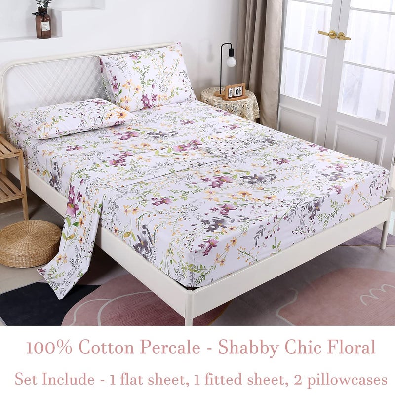 URBONUR Garden Floral Sheets Set 4-Pieces Egyptian Cotton Luxurious Bedding Sheet Set Soft Silky Crisp Percale Sheets Shabby Chic Flowers Bed Linen Set (4Pcs  Queen Size) - Image 2